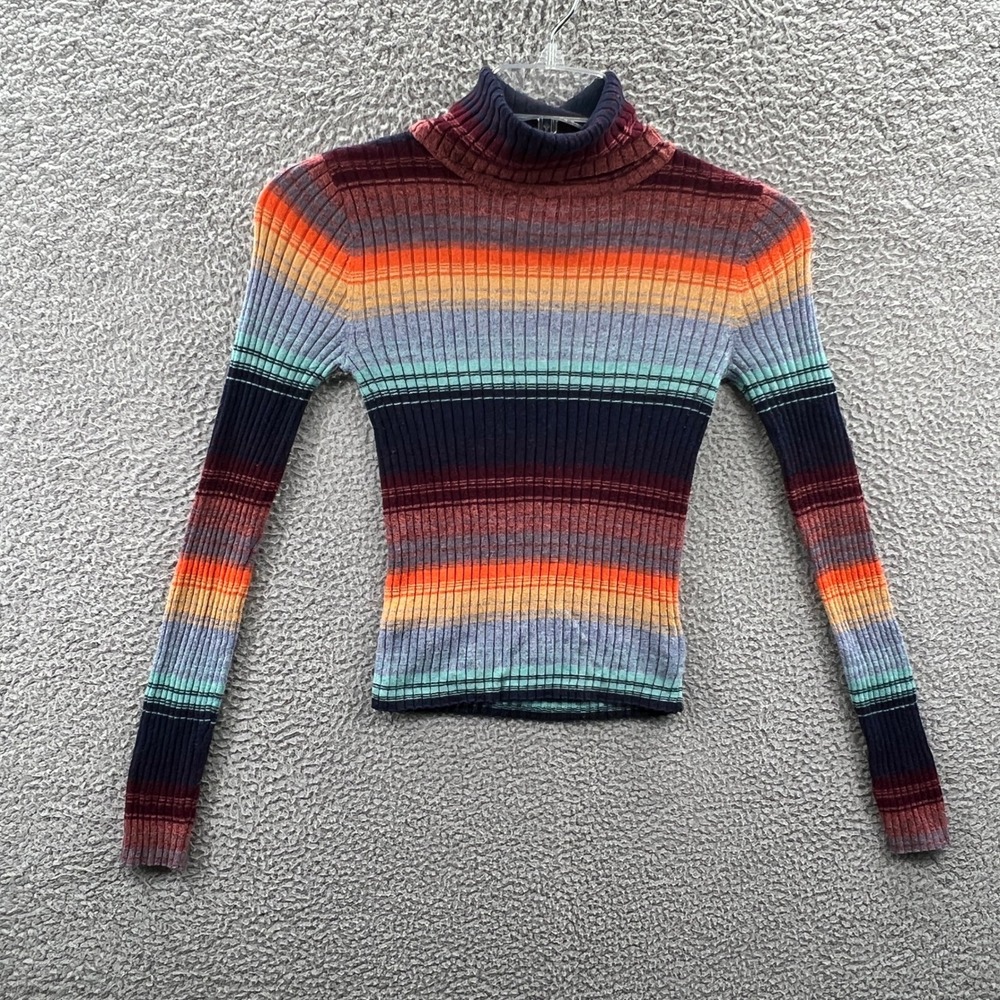American Eagle Womens Turtleneck Sweater M Y2K Indie Ribbed Rainbow Stripe Retro